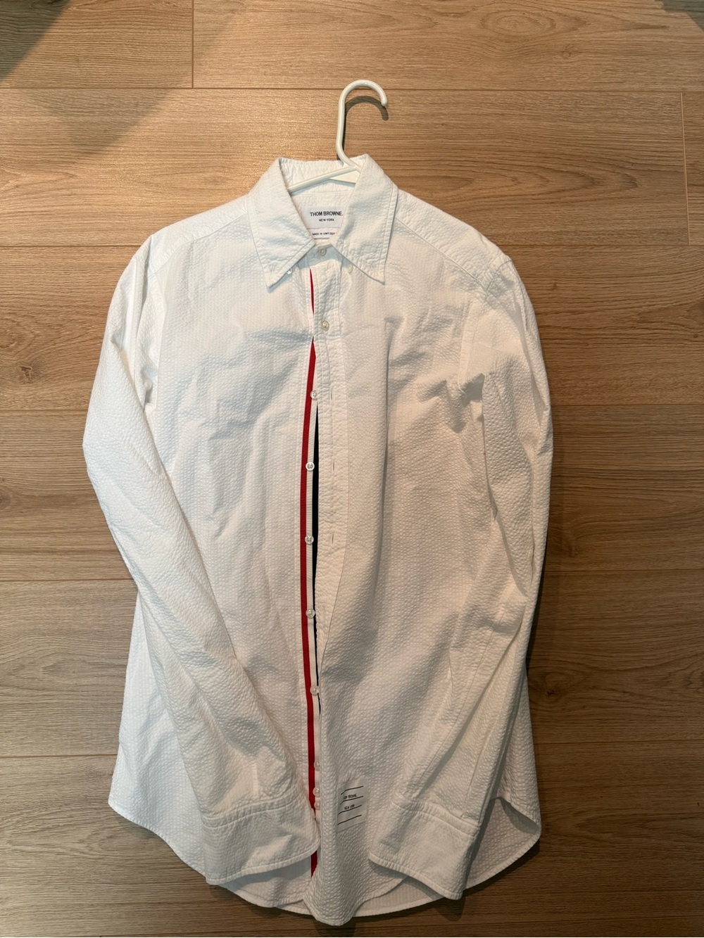 Thom Browne White Button-Down Shirt with Red & Navy Placket